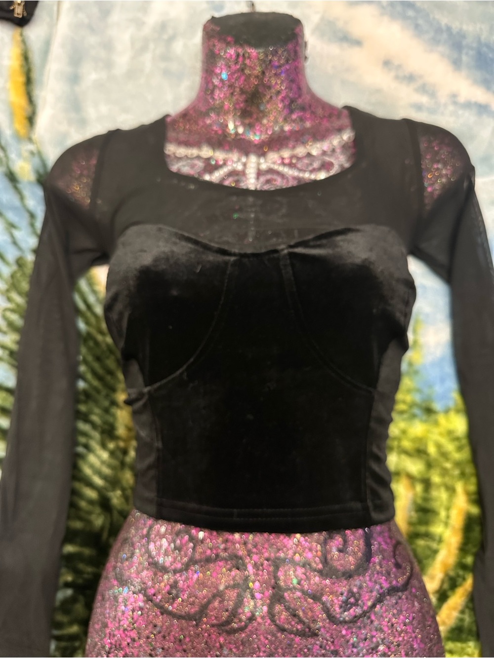 Women's Black Velvet Long-Sleeve Sheer Inset Top